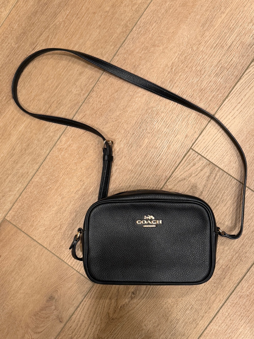 Coach Black Pebbled Leather Crossbody camera bag with brass hardware